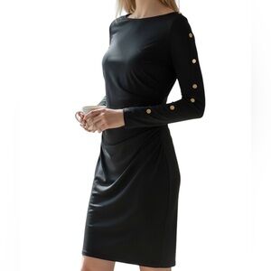 Lauren Ralph Lauren Slimming Blk Ruched Knee Lgth ButtonSleeve Detail Drees Sz 2